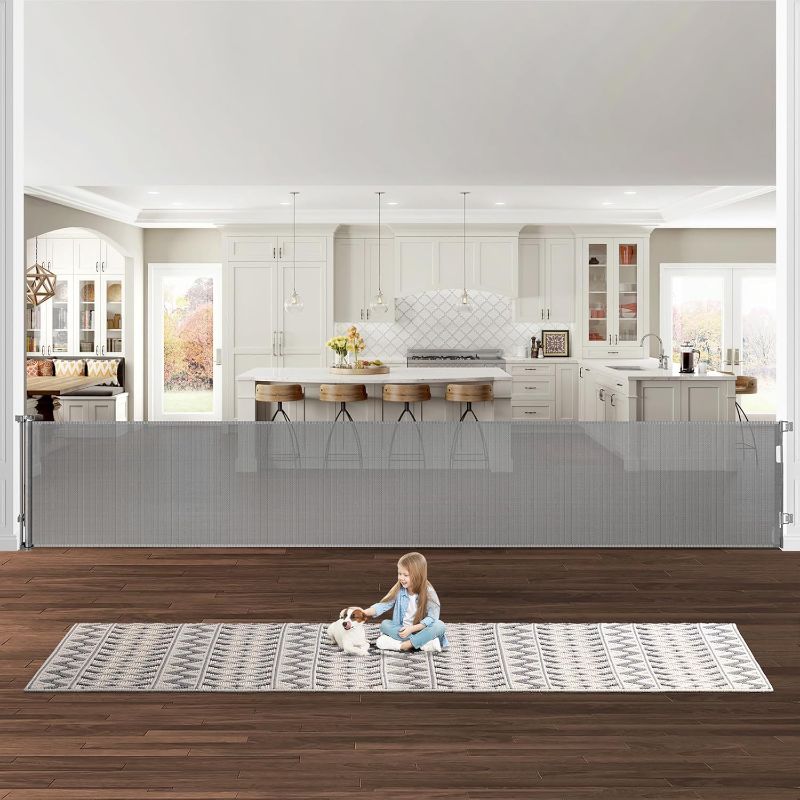 Photo 1 of  Retractable Dog Gates 33" Tall Retractable Baby Gates for Wide Openings Extra Long Mesh Baby Gate Super Wide Gate for Kids or Pets Extra Large Dog Gate for Indoor Outdoor (Grey)