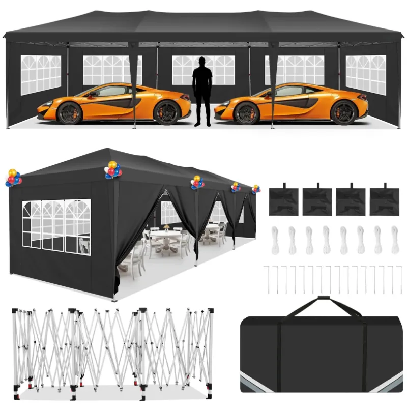 Photo 1 of ***DAMAGED FRAME**HOTEEL 10x30 Pop up Canopy Tent with 8 Sidewalls, Waterproof Commercial Instant Shelter Tent for Wedding, Courtyard, Parties with Carry Bag & 4 Sandbags,Black
