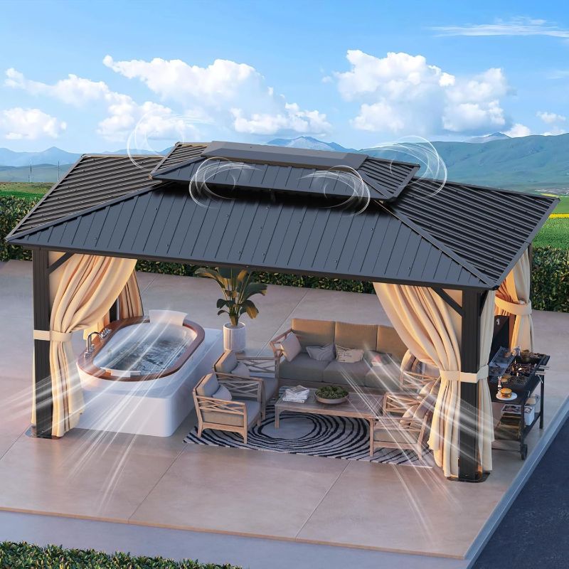 Photo 1 of ***PARTS ONLY***
HOTEEL 10x15 Hardtop Gazebo with Flame-Retardant Curtain & Netting, Hot Tub Gazebo with Galvanized Steel Double Roof, Heavy Duty Permanent Pavilion Outdoor for Patio, Frame Thickened