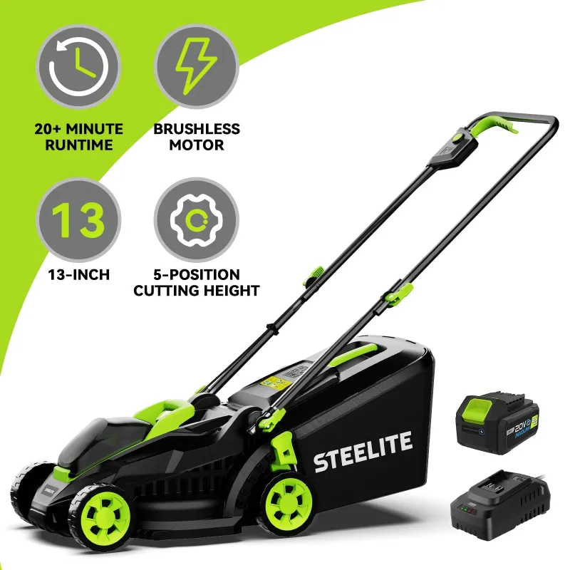Photo 1 of Steelite 13-Inch Cordless Lawn Mower, 21V Electric Lawn Mowers with Brushless Motor for Garden,5 Heights Adjustment, 4.0Ah Battery & Charger Included