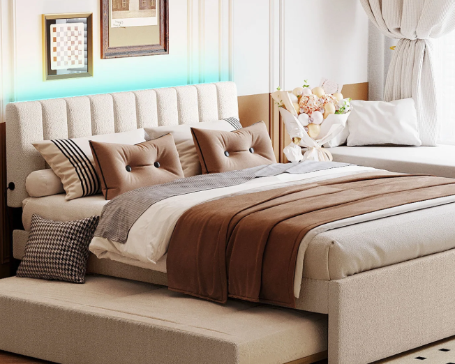 Photo 1 of  Queen Size Upholstered Platform Bed With Trundle, Beige Beige Fleece