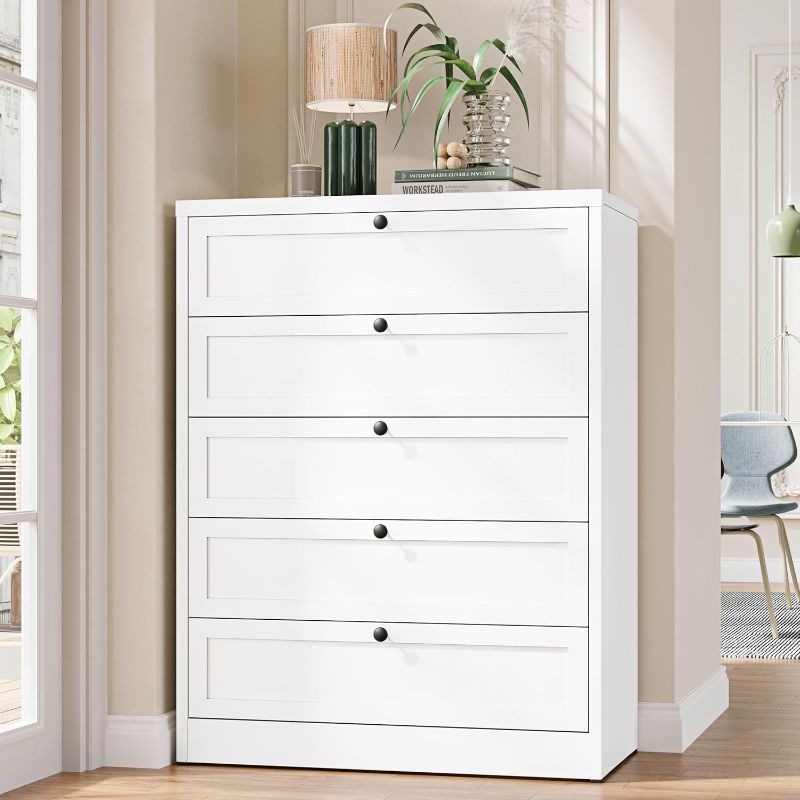 Photo 1 of  5 Drawer Dresser for Bedroom,  Tall White Closet Organizers and Storage Clothes, Accent Storage Cabinet for Living Room, Entryway, Hallway, White **** STORE SEALED ITEM, OPENED FOR PICTURING , UNKNOWN DESIGN, UNKNOWN SIZE, PICTURE IS FOR REFERENCE ONLY ,