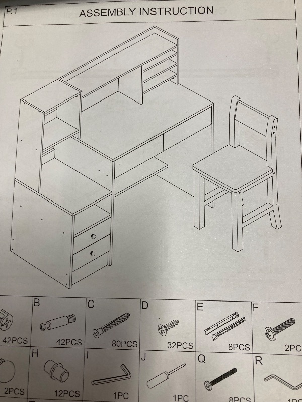 Photo 1 of SFDOU White Kids Desk and Chair Set for 5-12 Year Old, Childrens Computer Desk with Storage Shelf, Kids Study Table with 4 Drawers
