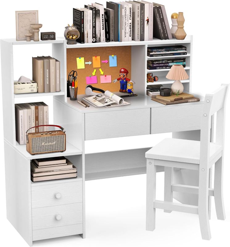 Photo 1 of SFDOU White Kids Desk and Chair Set for 5-12 Year Old, Childrens Computer Desk with Storage Shelf, Kids Study Table with 4 Drawers
