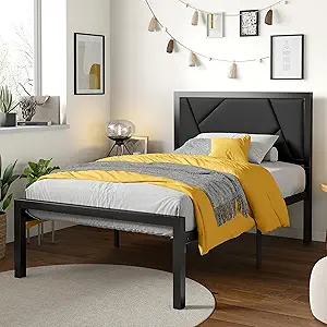 Photo 1 of **SIMILIAR TO PIC**SHA CERLIN Twin Size Metal Bed Frame with Leather Upholstered Headboard,Linear Geometric Design,Heavy Duty Metal Slats Support Platform,No Box Spring Needed,Black