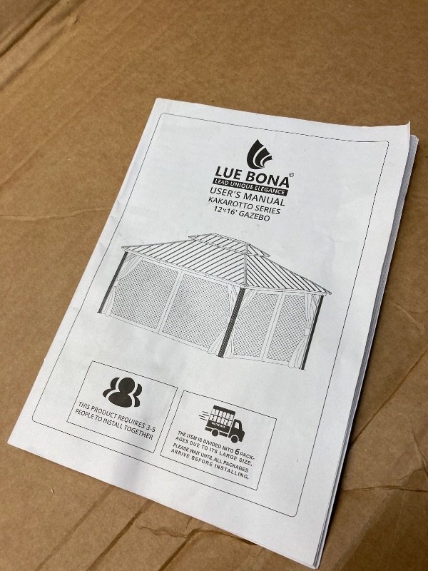 Photo 1 of LUE BONA 12'x16' Hardtop Gazebos, Aluminum Frame Permanent Pavilion with Curtains and Netting, Double Galvanized Steel Roof Gazebo Outdoor, Metal Gazebo Canopy for Garden, Lawns, Patio, Black