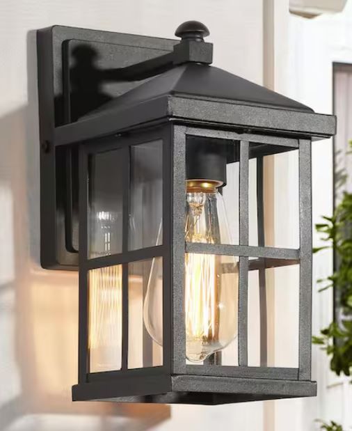 Photo 1 of 10 in. Modern Black Small Outdoor Lantern Sconce for Front Door Porch Entry, 1-Light, Clear Plaid Glass, Metal Wall Lamp


