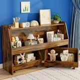 Photo 1 of 2-Tier Portable Kids Bookshelf with Toy Storage, Toy Organizer W/2 Removable Bins with 4 Wheels(Brown)
