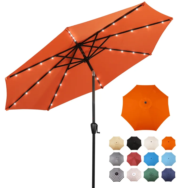 Photo 1 of ***MISSING PARTS/STAINED UMBRELLA**Sun-Ray 9 FT 32 LED Patio Solar Umbrella w/ Push Button Tilt and Crank Outdoor Umbrella, 8 Sturdy Ribs, UV Protection, Solution-Dyed Fabric, Orange
