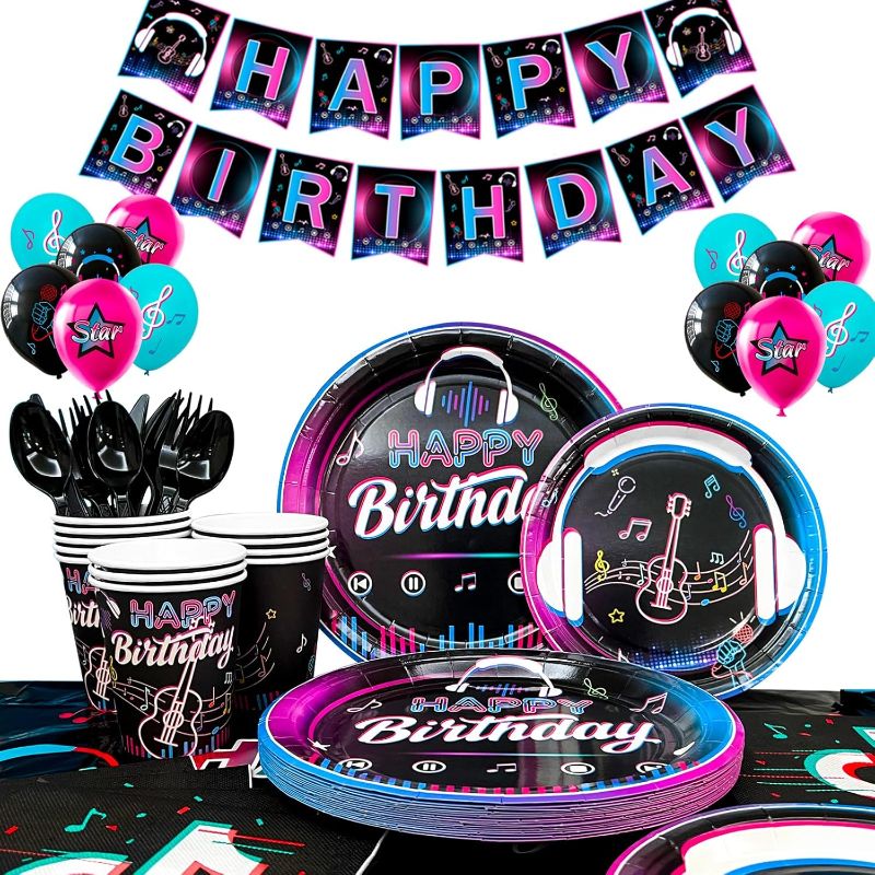 Photo 1 of 
Music Party Decorations,140pcs Music Birthday Party Decorations Tableware Set - Music Balloons Banner Tablecloth Plates Cups Napkin etc Music Theme Party Decor Supplies, for 16 Guests
