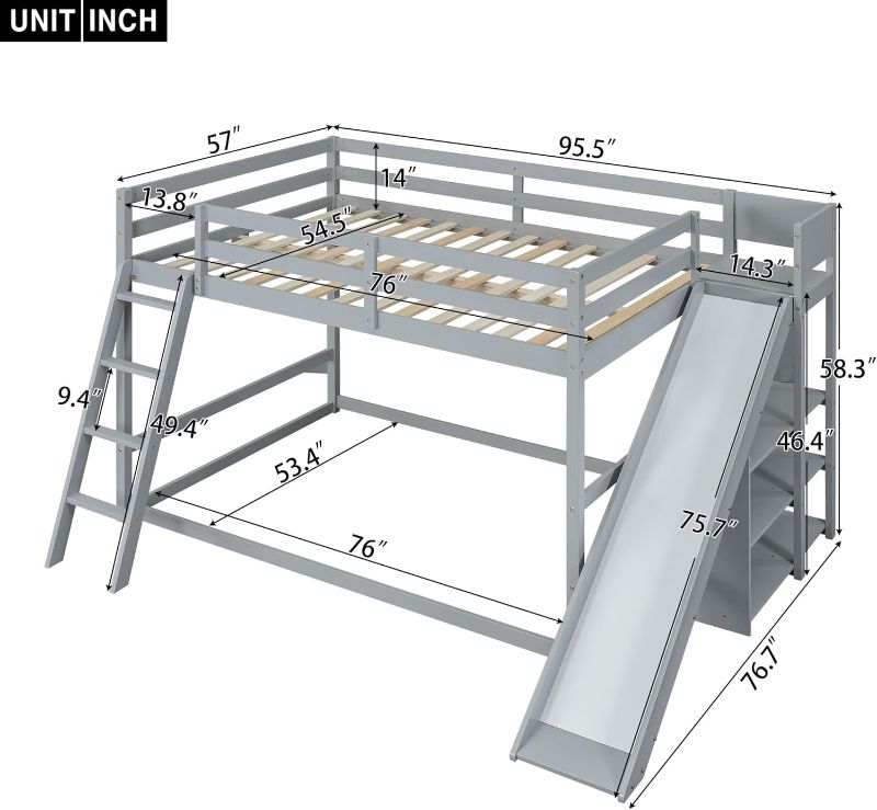 Photo 1 of ***PARTS ONLY***
Wooden Bunk Bed with Slide and Drawers,Full over Full Bed Frame with Ladder, Shelves and Full-length Guardrail for Bedrooms,No Box Spring Required (Gray)
