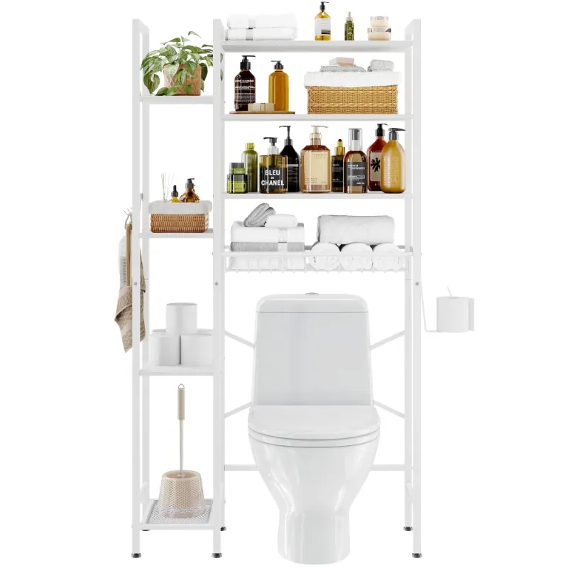Photo 1 of ***DAMAGED FRAME/PARTS ONLY**Biemlerfn Over The Toilet Storage Shelf, 8-Tier Wooden Bathroom Organizer Shelf Adjustable Saver Space Rack with Toilet Paper Holder, White
