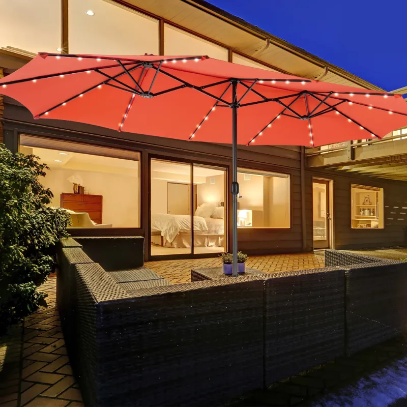 Photo 1 of ****MISSING THE STAND****Costway 15FT Twin Patio Double-Sided Umbrella 48 Solar LED Lights Crank Outdoor Orange