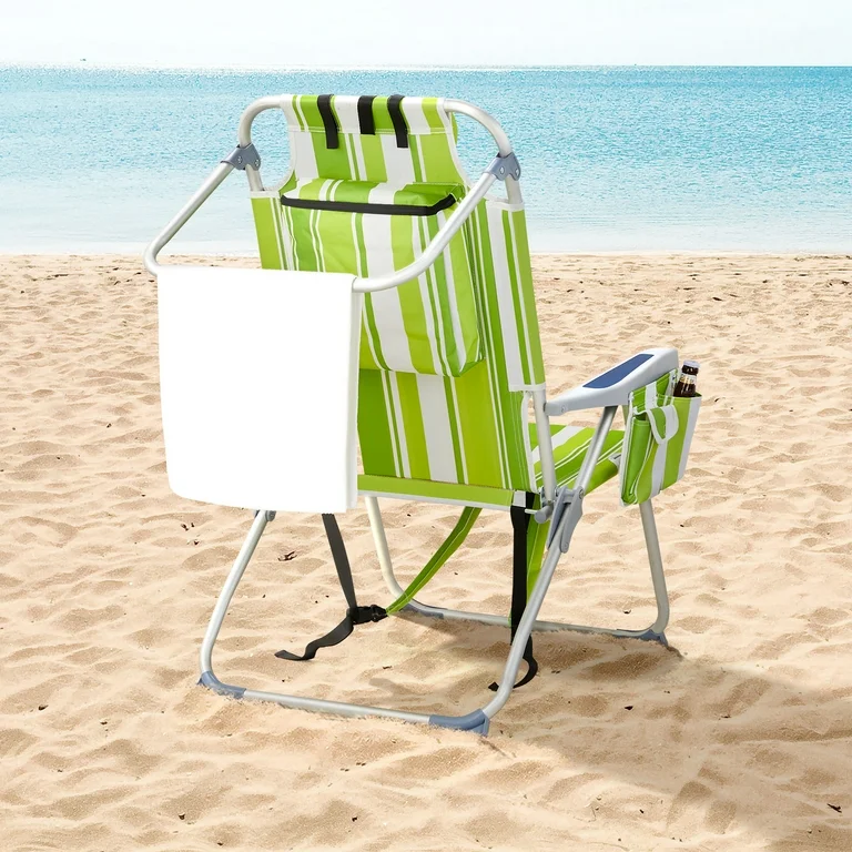 Photo 1 of 5-Positions Beach Chair Lay Flat Cup Holder Beach Chairs for Adult Camping Chairs Beach Lake Sand Lounging Chair Green Stripes