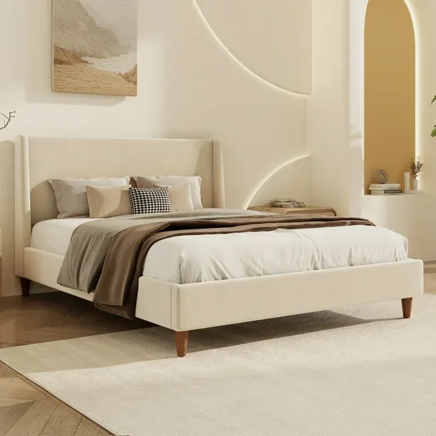 Photo 1 of ***BOX 2 OF 2 ONLY/INCOMPLETE SET**DAJU Modern Velvet Upholstered Platform Bed with Wingback Headboard and Wooden Legs Cream Queen Size