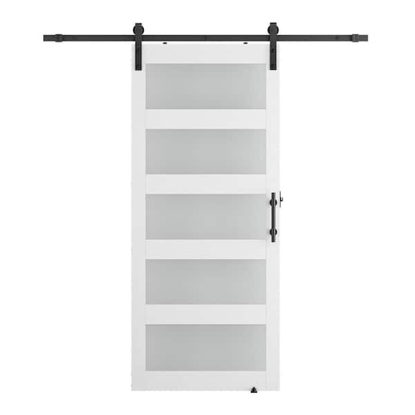 Photo 1 of 5-Panel Frosted Glass White Prefinished MDF Interior Sliding Barn Door with Hardware Kit