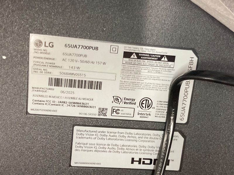 Photo 1 of **PARTS ONLY**LG 65-Inch Class UHD AI 4K UA77 Series Smart TV w/AI Sound Pro, HDR10, 4K Super Upscaling, Filmmaker Mode, Wow Orchestra, Compatible with Alexa (65UA7700PUB, 2025)