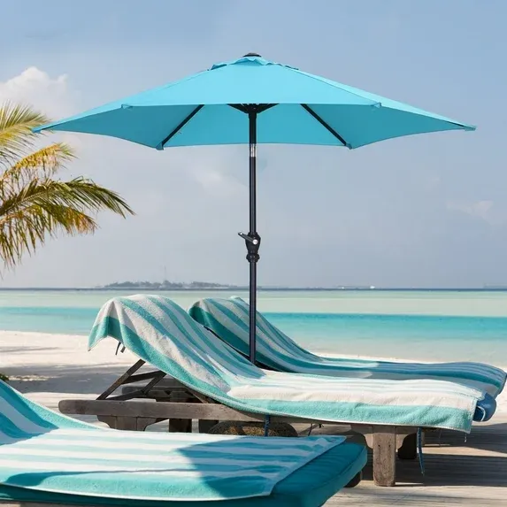 Photo 1 of Ainfox 7.5ft Patio Umbrella Outdoor Portable Table Market Umbrella with Push Button Tilt/Crank Waterproof UV-proof,Lake Blue