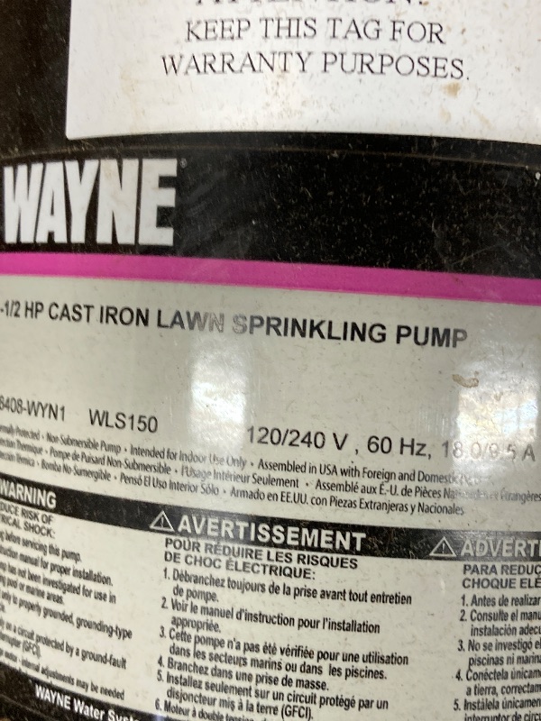 Photo 1 of Wayne WLS150 1.5 HP High Volume Cast Iron Lawn Sprinkling Pump, 1-1/2-Horsepower   ***(USED DUSTY, DIRTY, RUSTY IN AREA....SEE ALL PHOTOS, BOX RIPPED/TORN)***