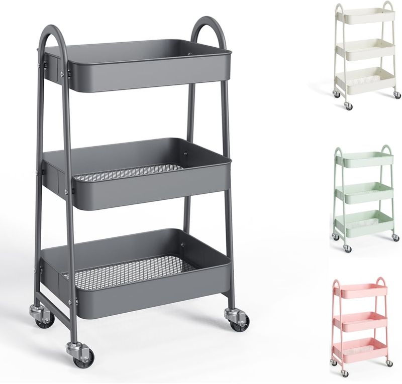 Photo 1 of 3 Tier Rolling Cart,Metal Utility Cart with Handle,Multi-Functional Storage Trolley for Office, Living Room, Kitchen, Movable Storage Organizer with Wheels (Grey)