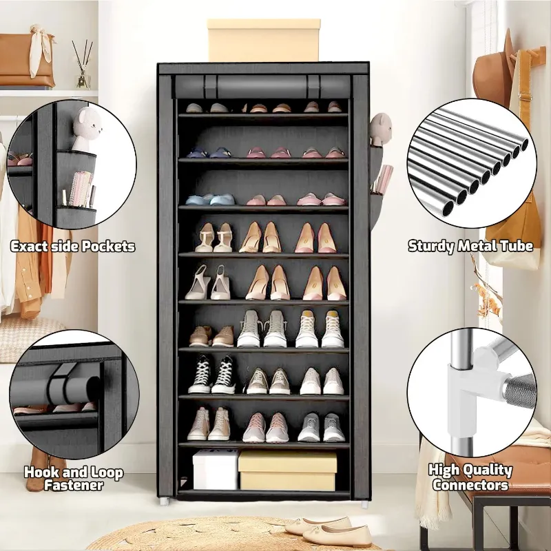 Photo 1 of 10 Tier Shoe Rack with Covers, Large Capacity Stackable Tall Shoe Organizer Storage, Sturdy Metal Free Standing Shoe Shelf for Closet Entryway Garage
