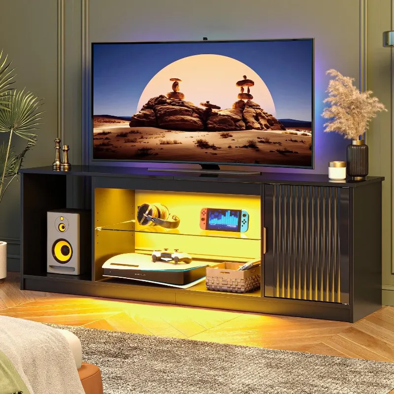 Photo 1 of ***PARTS ONLY***
Bestier Fluted TV Stand for TVs up to 65 inch with LED Lights, High Glossy Entertainment Center with Storage Cabinet & Shelves, Black
