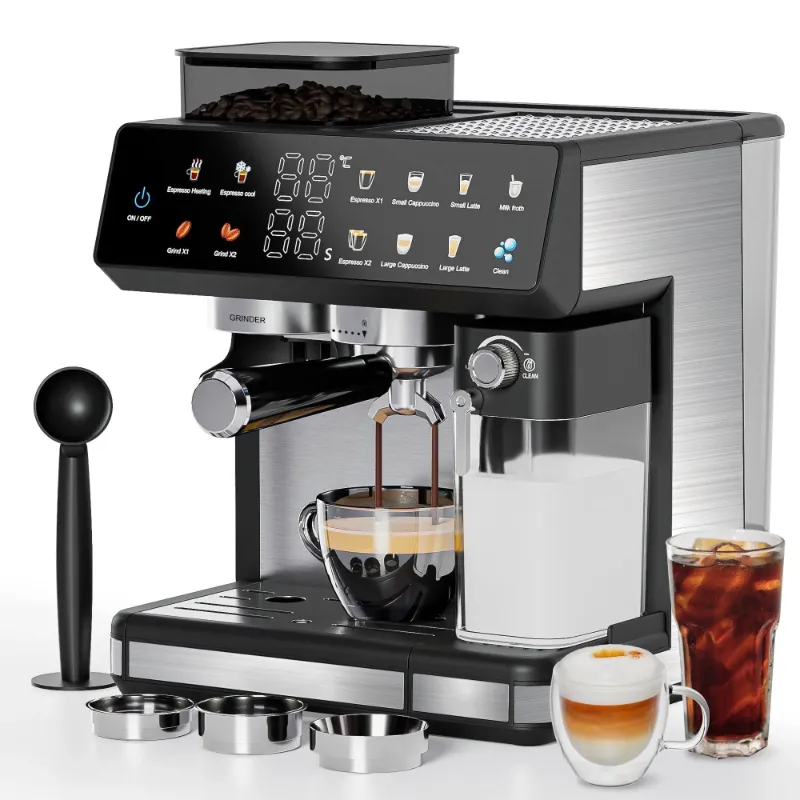 Photo 1 of Bluebow All-in-One Espresso Machine with Grinder, 20-Bar Automatic Coffee Maker, Built-in Milk Frother for Latte & Cappuccino, Single/Double Shot Brew, Touchscreen - Stainless Steel
