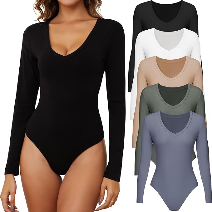Photo 1 of Womens 4/5 Pack V Neck Bodysuit Daily Casual Womens Long Sleeve Bodysuit Stretch Basic Body Suit Tops large