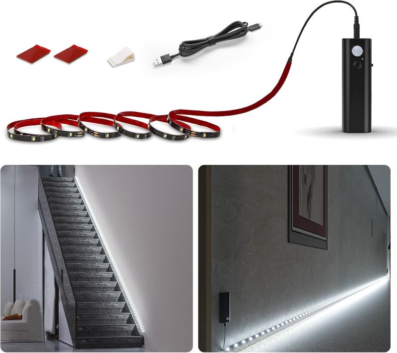 Photo 1 of *****STOCK PHOTO REFERENCE ONLY****WOBANE Dual Motion Sensor Stair Lights Strip, Rechargeable 16.4ft LED Strip Lighting,150 LEDs Cuttable Tape Light for Hallway,Under Cabinet,Cupboard,Shelves,Gun Safe,Flexible,6000K White