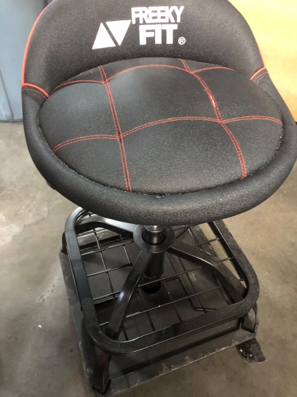 Photo 1 of FreekyFit Rolling Shop Stool with Wheels, Garage Work Mechanic Stool with Backrest, Roller Mechanic Chair, Adjustable Height, 360° Swivel, Tool Tray Storage, 330 LBS Capacity, Heavy Duty, Black