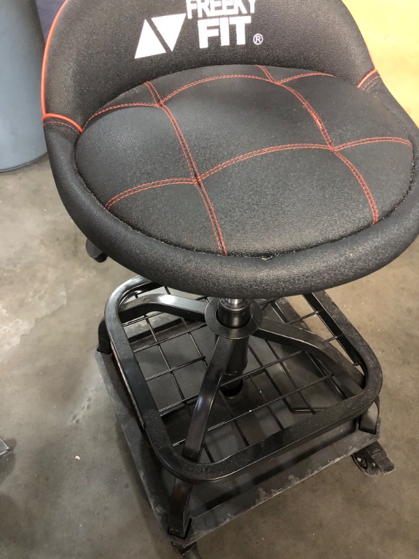 Photo 1 of FreekyFit Rolling Shop Stool with Wheels, Garage Work Mechanic Stool with Backrest, Roller Mechanic Chair, Adjustable Height, 360° Swivel, Tool Tray Storage, 330 LBS Capacity, Heavy Duty, Black