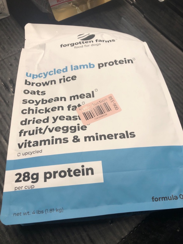 Photo 1 of ***(EXP: 11/14/2025**** )NONREFUNDABLE***Forgotten Farms Dog Food, Upcycled Lamb Protein and Ancient Grains, 28g Protein, 4 lb Bag