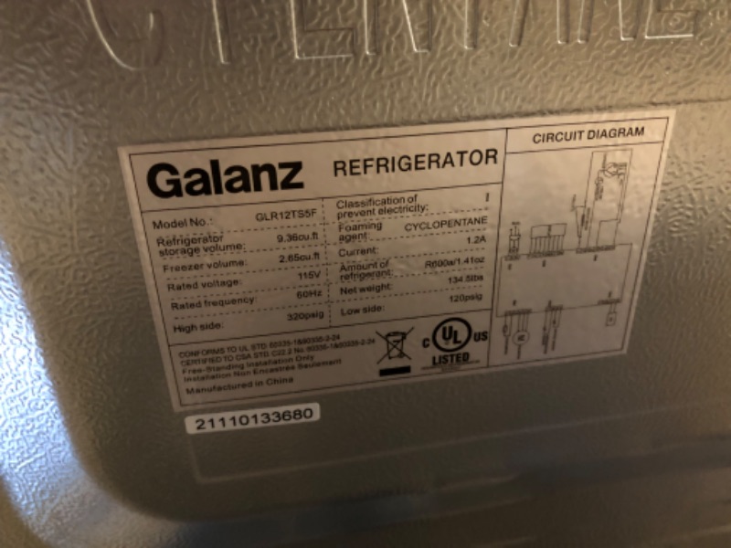 Photo 1 of Galanz GLR12TS5F Refrigerator, Dual Door Fridge, Adjustable Electrical Thermostat Control with Top Mount Freezer Compartment, 12.0 Cu.Ft, Stainless Steel, 12