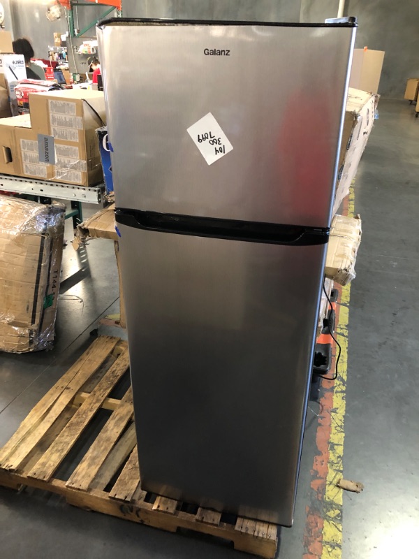 Photo 1 of Galanz GLR12TS5F Refrigerator, Dual Door Fridge, Adjustable Electrical Thermostat Control with Top Mount Freezer Compartment, 12.0 Cu.Ft, Stainless Steel, 12