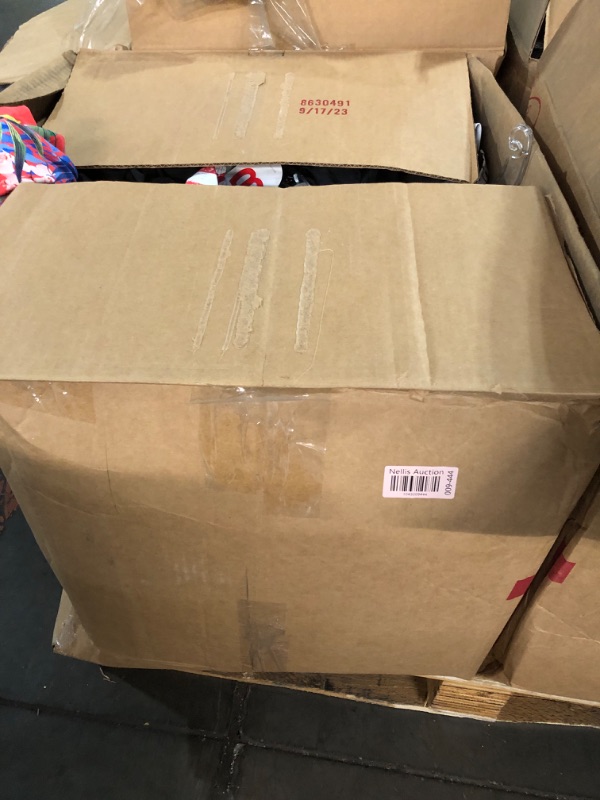 Photo 1 of Assorted box of clothing, different sizes, male and female clothing, pants, shorts, shirts, and swimsuits. Activewear