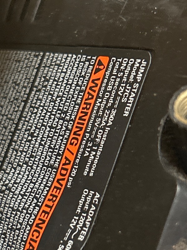 Photo 1 of **USED, DIRTY, MISSING CHARGING CORD, UNABLE TO TEST***
Stanley J7CS 700 Peak Amp Automotive Jump Starter, Portable Power – Triple 15W USB Ports, 120 PSI Air Compressor