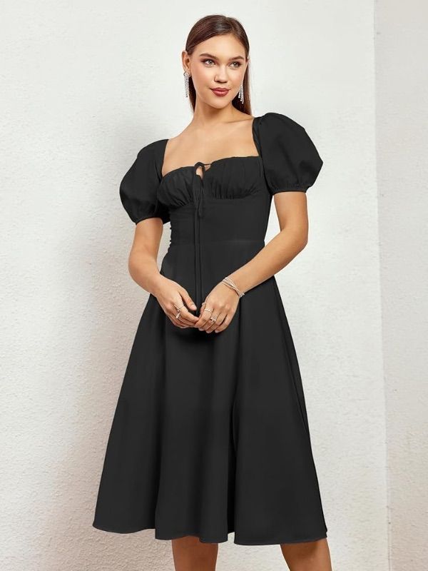 Photo 1 of *** SIZE SMALL***KUTUMAI Women's 2024 Summer Puff Sleeve Midi Dress Lace Up Flowy Split Casual Beach Dresses