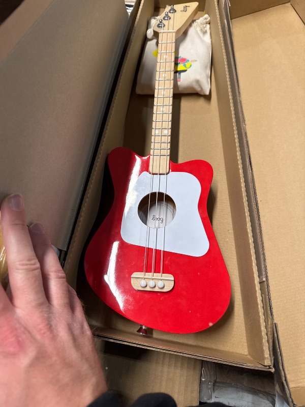 Photo 1 of (NECK CRACKED) (FAIR) Loog Mini Acoustic kids Guitar for Beginners 3-strings Ages 3+ Learning app and lessons included Red