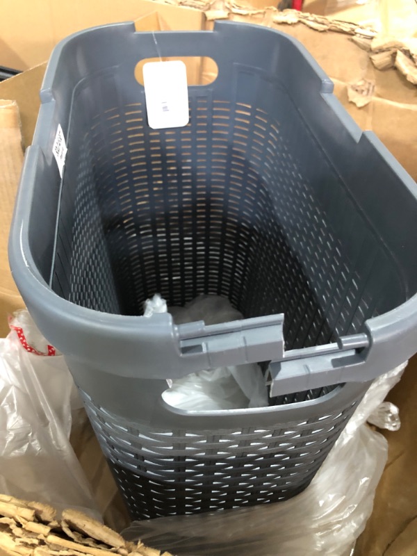 Photo 1 of (missing lid)(damaged) Mind Reader 40L Slim Laundry Hamper, Clothes Basket, Lid, Wicker Design, Plastic, 18"L x 10.4"W x 23.5"H, Gray