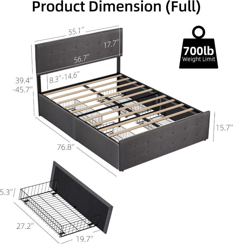 Photo 1 of ***PARTS ONLY***IDEALHOUSE Queen Bed Frame with 4 Storage Drawers and Headboard, Adjustable Upholstered Headboard Beds Mattress Foundation with Wood Slat Support, No Box Spring Needed
