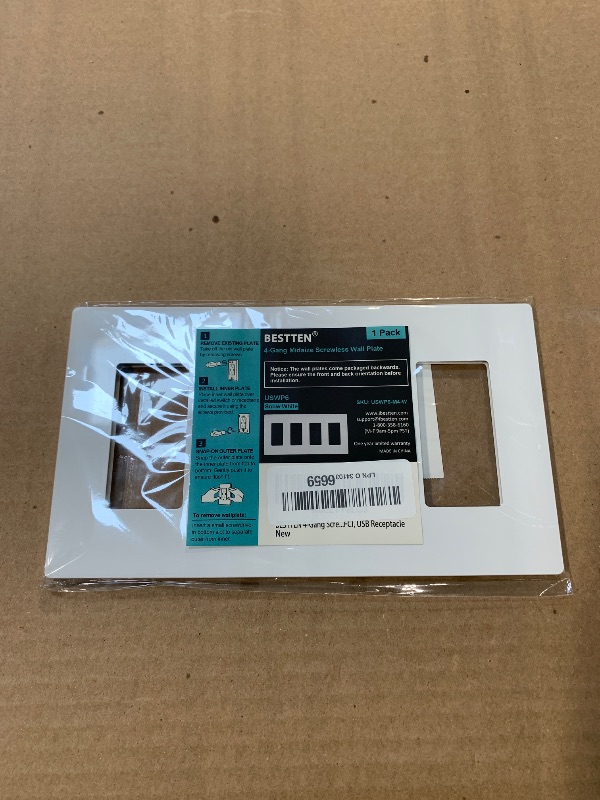 Photo 1 of [1 Pack] BESTTEN 4 Gang Screwless Decorative Wall Plate, Mid-Size H4.88" x W8.58", USWP6 Gloss Snow White, Faceplate Cover for Decorator Receptacle Outlet & Switch