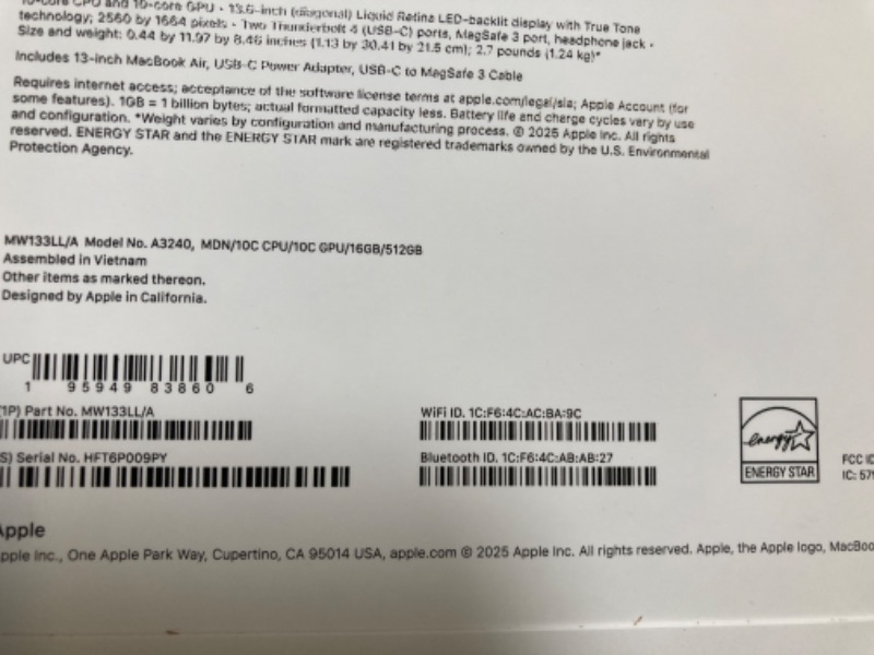 Photo 1 of **NEW**Apple 2025 MacBook Air 13-inch Laptop with M4 chip: Built for Apple Intelligence, 13.6-inch Liquid Retina Display, 16GB Unified Memory, 512GB SSD Storage, 12MP Center Stage Camera, Touch ID; Midnight