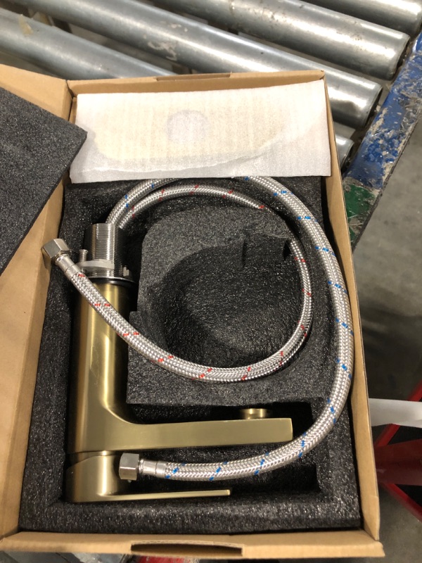 Photo 1 of Aktines Brushed Gold Bathroom Faucet 1 Hole, Single Handle Bathroom Sink Faucet with Deck Plate & Metal Pop Up Drain & Water Supply Lines, Gold Bathroom Vanity Faucet, Brushed Finish some  Scratched it on 
