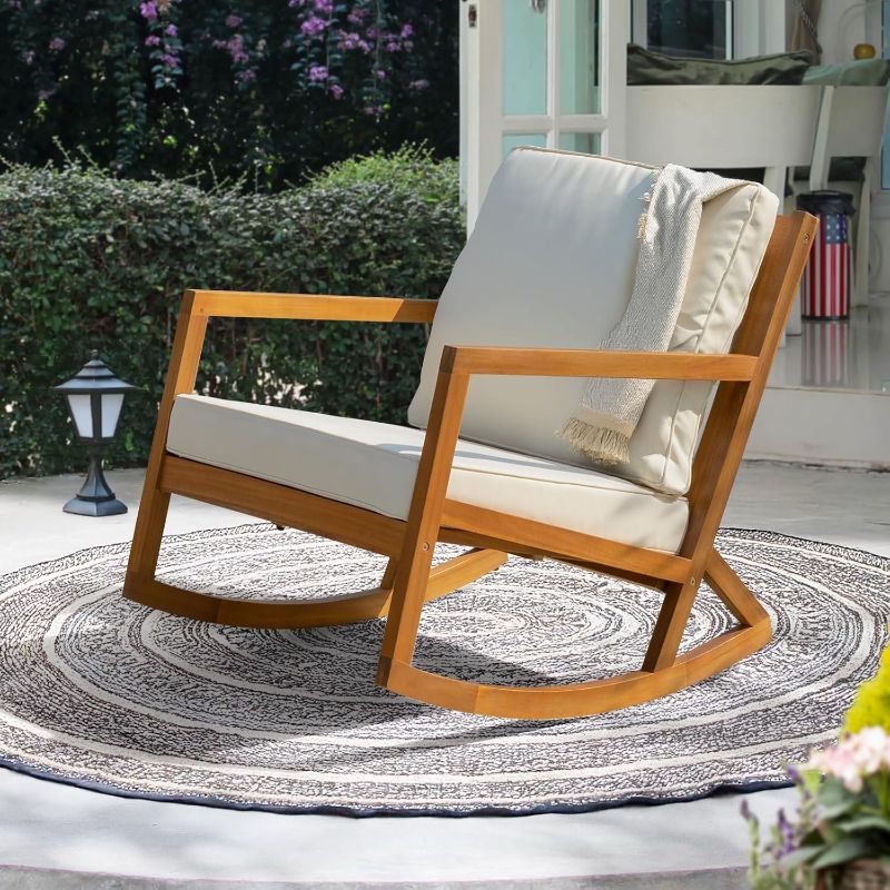 Photo 1 of ***MISSING HRDWARE***
IDZO Premium Club Rocking Chairs 500lbs Capacity with Inclined Backrest, Thick Foam, Solid Acacia Wood Rocker for Patio, Backyard, Balcony, Porch, Beige - 2 Cushions