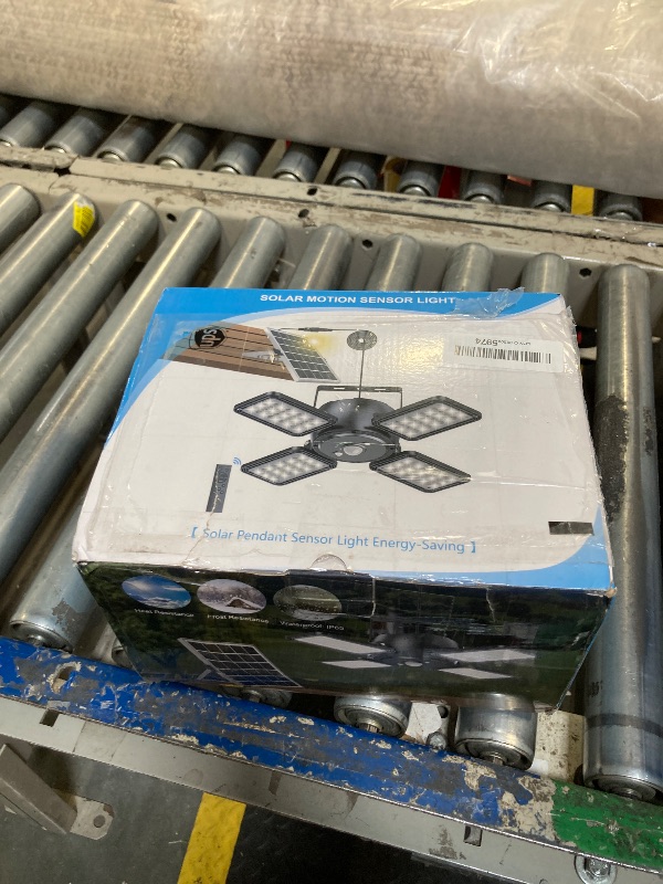 Photo 1 of Solar Pendant Light Outdoor Indoor Solar Powered Motion Sensor Shed Light,144LED 1200LM Daytime Work Light with 5 Lighting Modes Remote Control 4 Heads Light for Garage Gazebo Barn