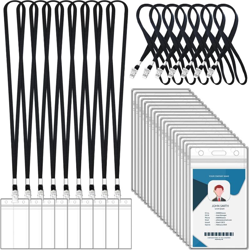 Photo 1 of 100 Sets Lanyards for Id Badges and Clear Plastic Vertical Name Badge ID Card Holders, Flat Neck Lanyards with Clip Waterproof Resealable Name Tag Badge ID Card Holders, Black
