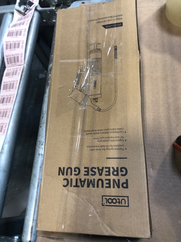 Photo 1 of UTOOL Pneumatic Grease Gun, 6000 PSI Air Operated Grease Gun Kit, 14 oz Load, 18 Inch Resin Flex Hose, 1 Extension Bend Pipe, 1 Sharp Type Nozzle, 1 Basic Coupler, 1 Zerk Cleaner