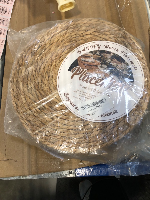Photo 1 of 12 in Round Woven Placemats Plate Chargers Set of 10, Rattan Wicker Table Mats for Dinner Plates, Boho Farmhouse Rustic Place Mats for Dining Table Decor
