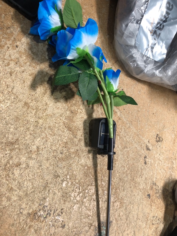 Photo 1 of [Upgraded 6 Flowers] Solar Powered Decorative Rose Garden Stake Lights, Waterproof Realistic Artificial Flowers for Outdoor Flower Bed Patio Yard Pathway Memorial Cemetery Grave Decorations, Blue