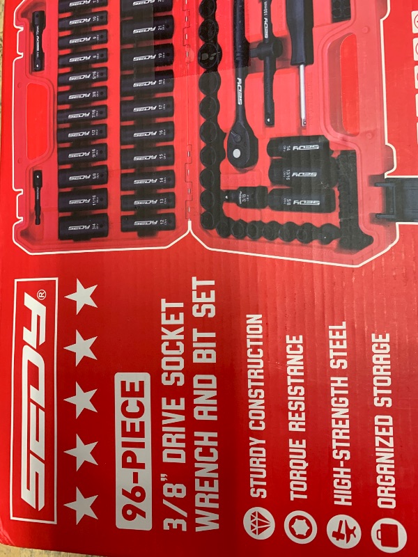 Photo 1 of 96-Piece 3/8" Drive Impact Socket Wrench and Bit Set, SAE 5/16”-3/4” & Metric 8-22mm, Cr-V Standard & Deep Sockets, Power Bits, Ratchet Handle, Universal Joint, Bit Holder, Adapters, Spark Plug Socket